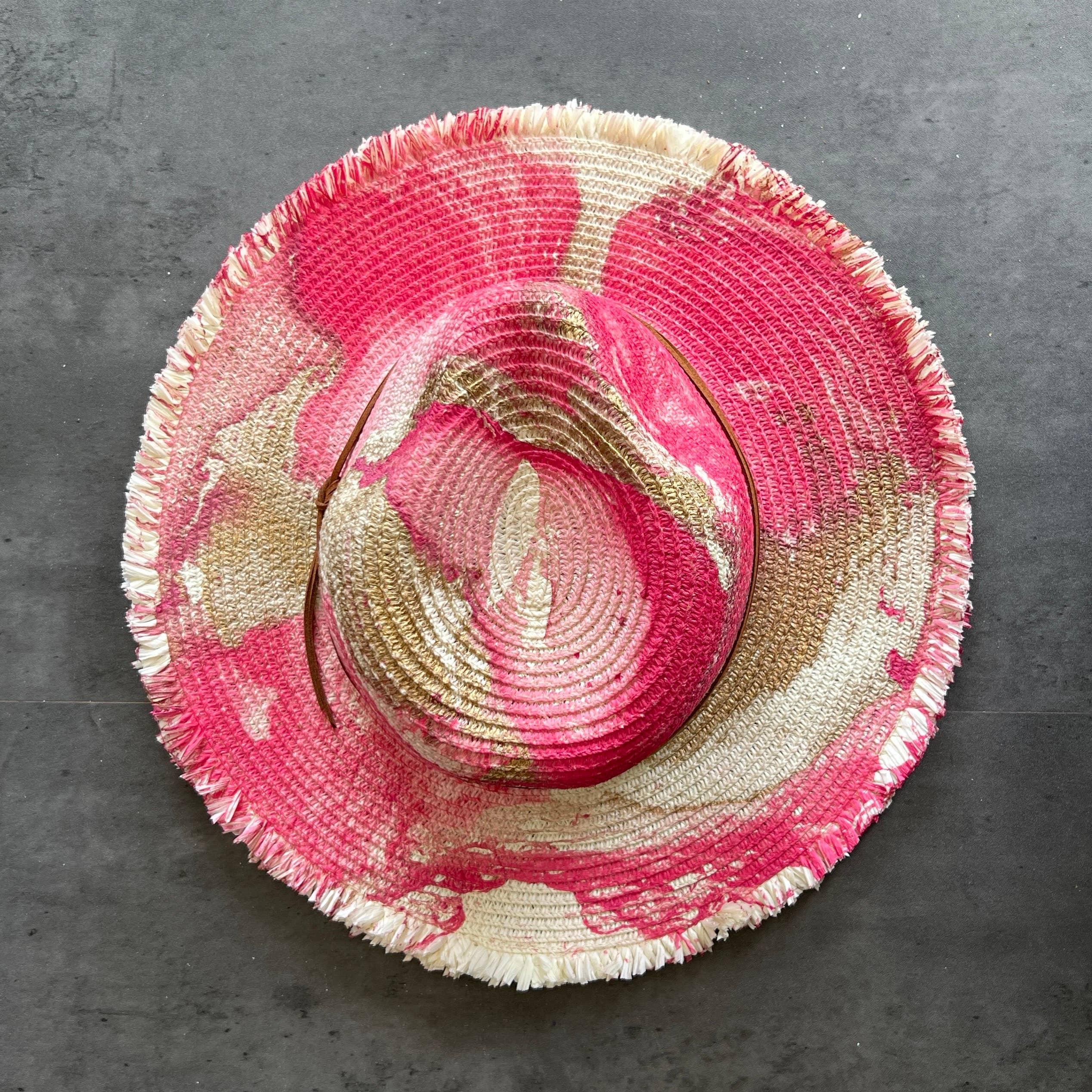 Marbled Straw Fringe Rancher Hat: Pink - Fox Trot Boutique