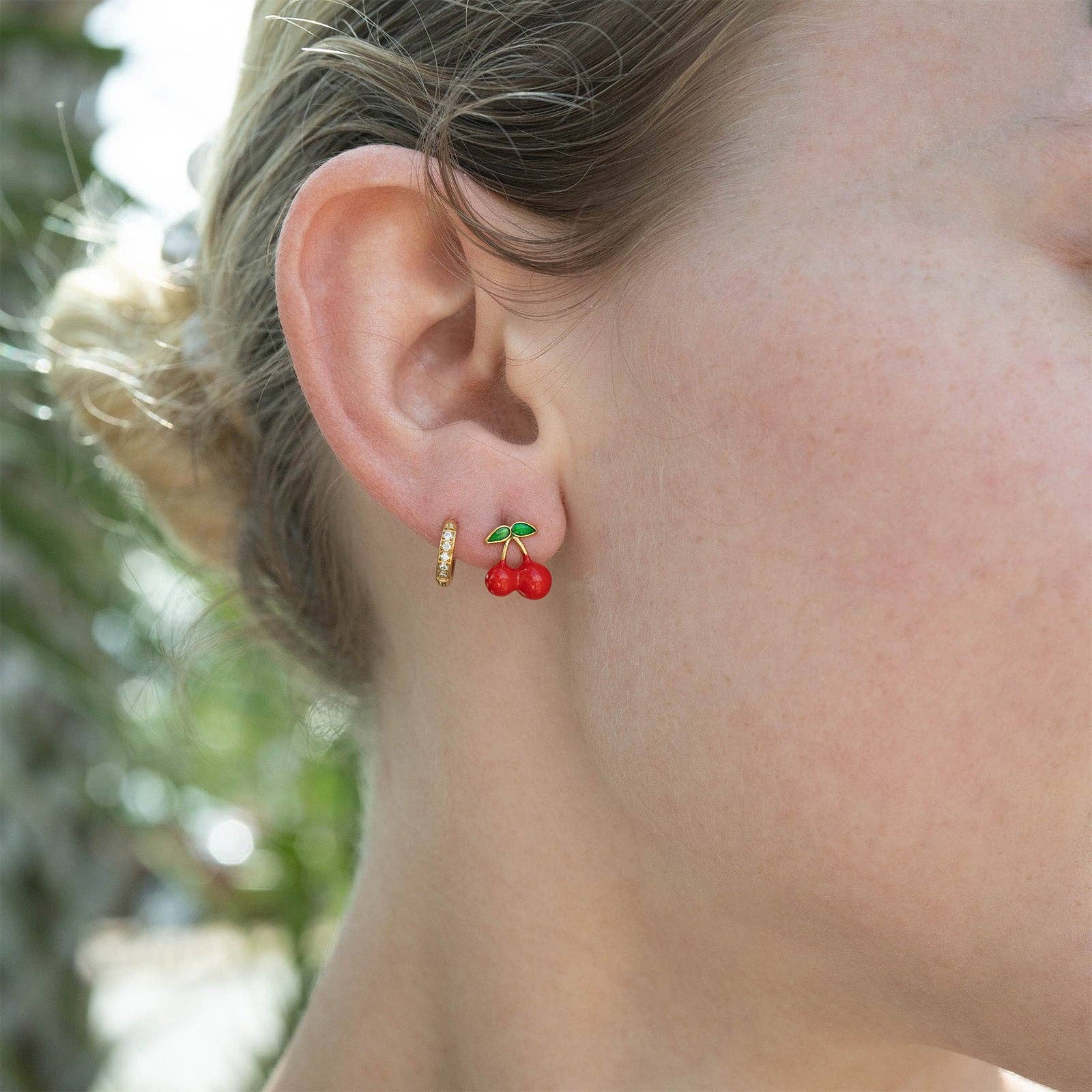 18K Gold over Stainless Steel Red Cherry Stud Earrings: Gold - Fox Trot Boutique