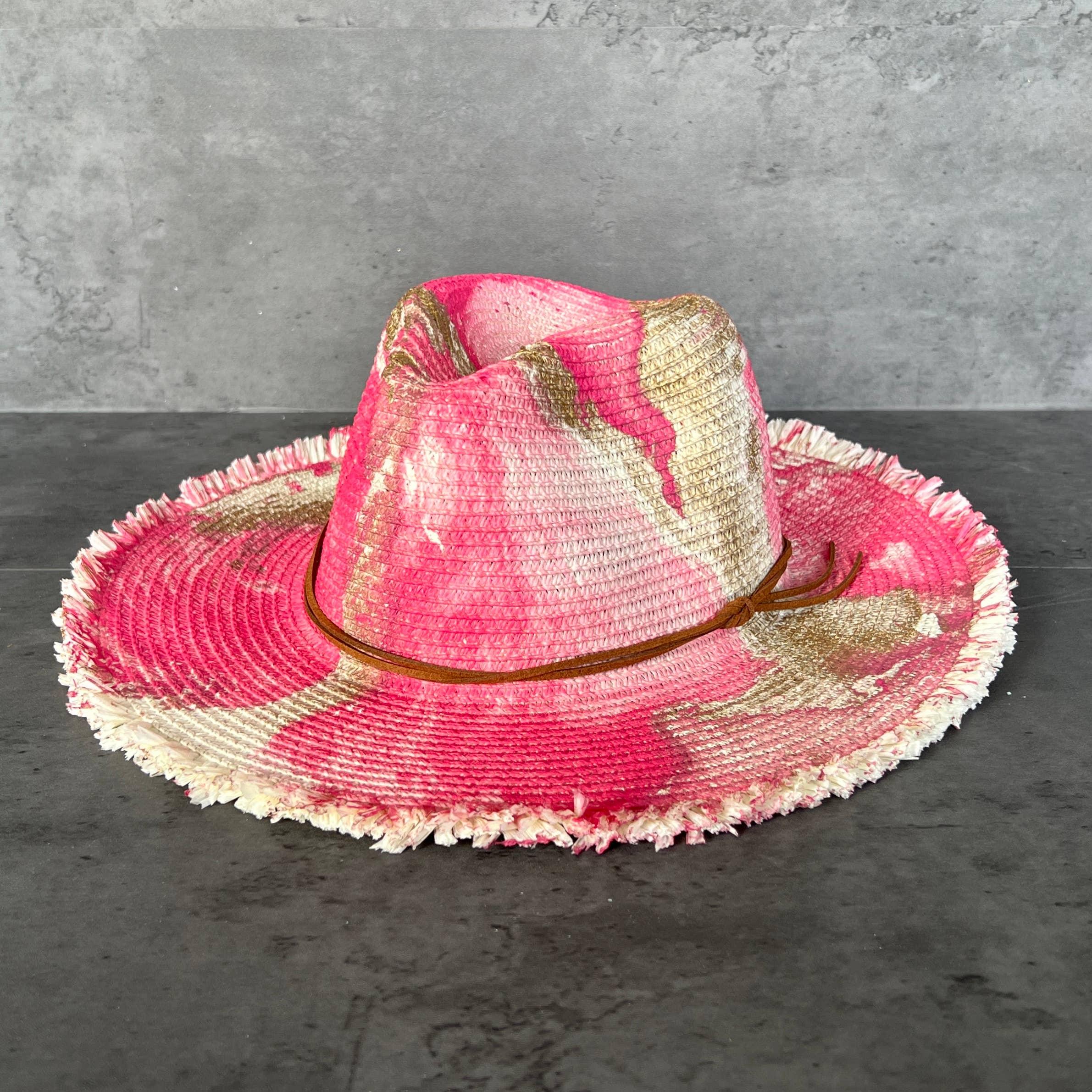 Marbled Straw Fringe Rancher Hat: Pink - Fox Trot Boutique