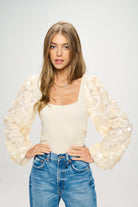 Off White Sequin Sleeve Top - Fox Trot Boutique