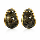 Pair of earrings with gold rims and dark stones on a white background