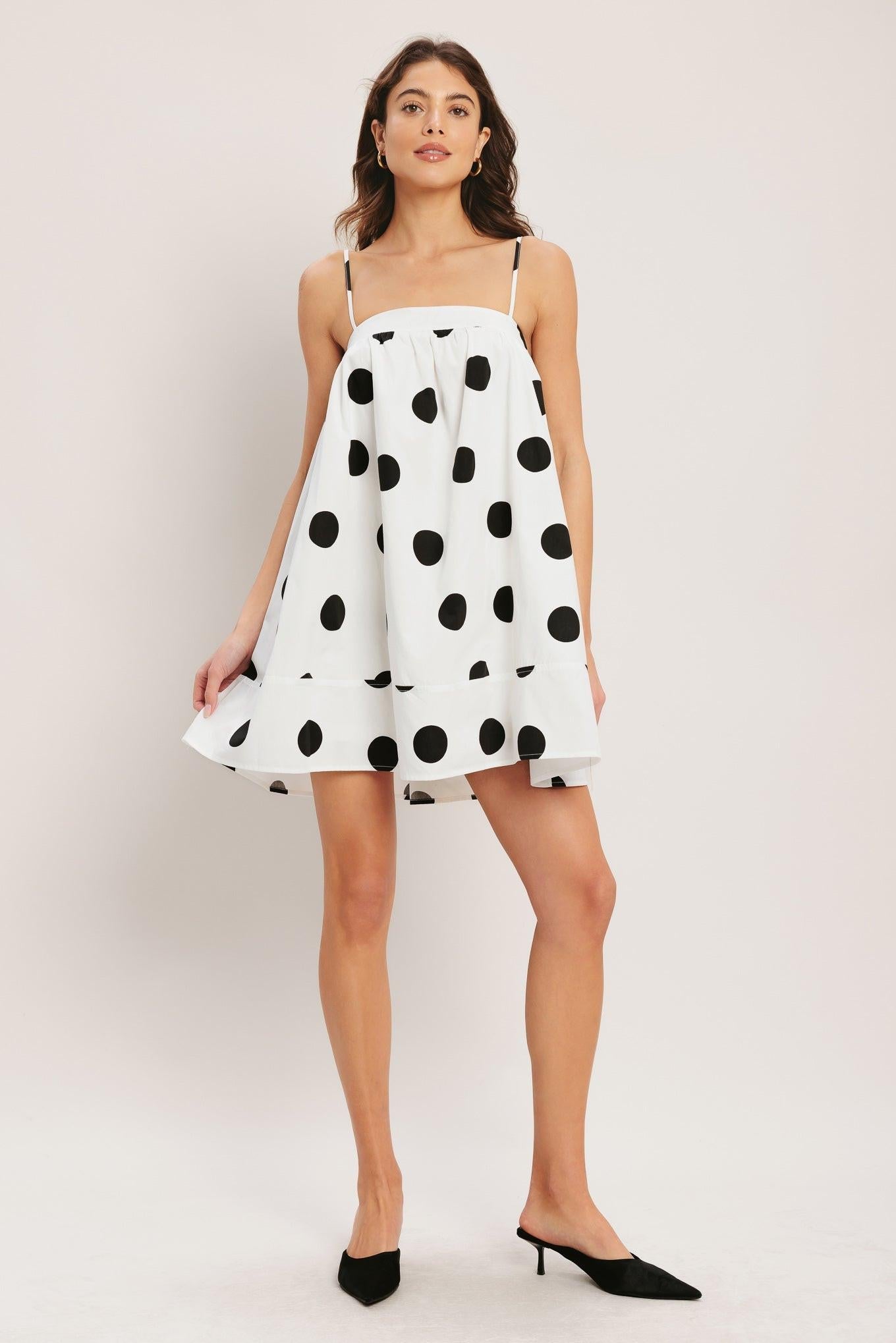 RUNWAY POLKA WOVEN MINI DRESS l FLYING TOMATO WHITE/BLACK / M
